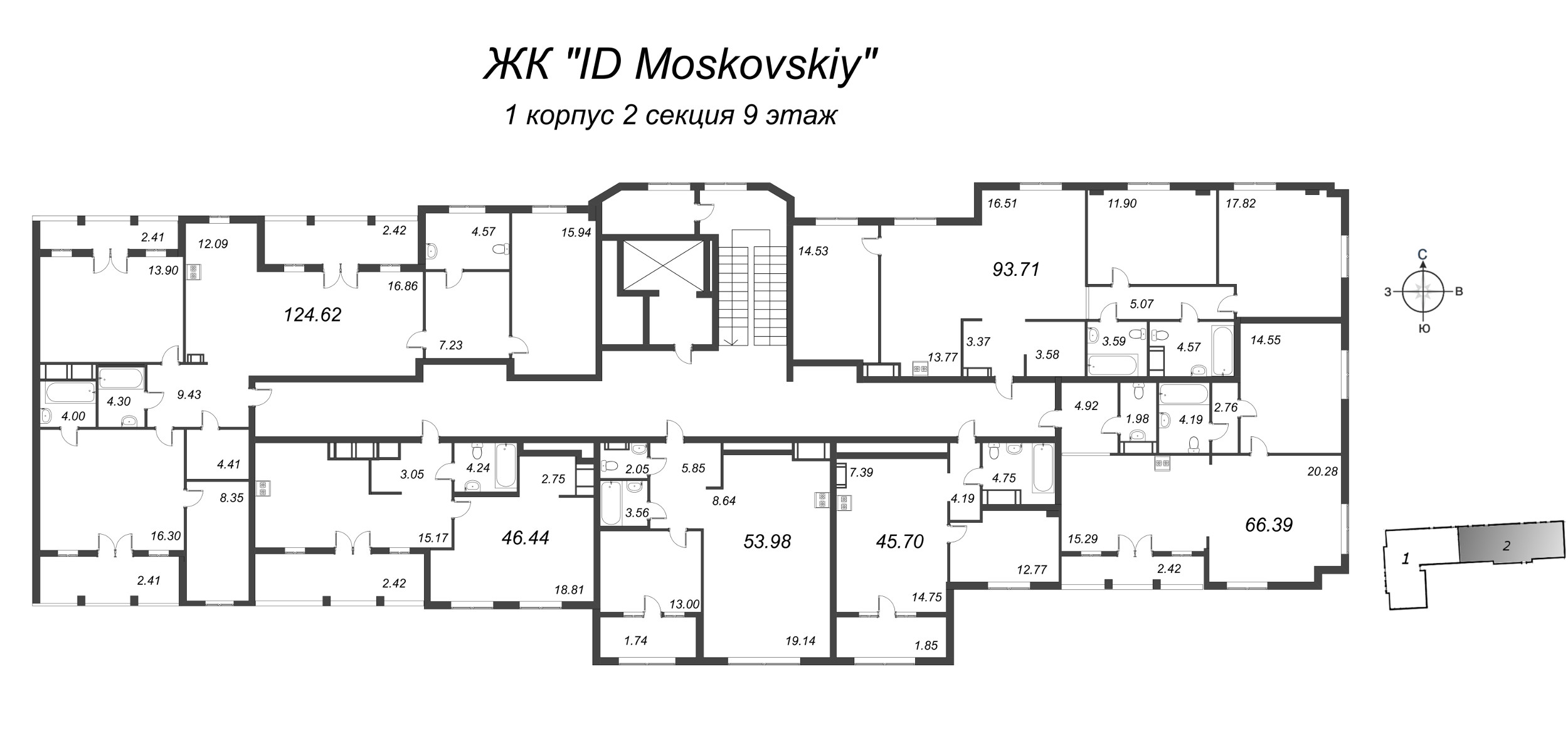 2-комнатная квартира, 66.39 м² - планировка этажа