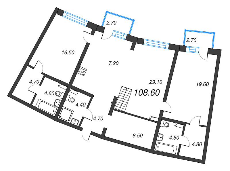 3-комнатная (Евро) квартира, 108.6 м² в ЖК "Цвет Зеленогорска" - планировка, фото №1