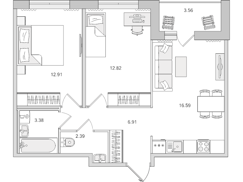 3-комнатная (Евро) квартира, 58.56 м² в ЖК "Dreamline" - планировка, фото №1
