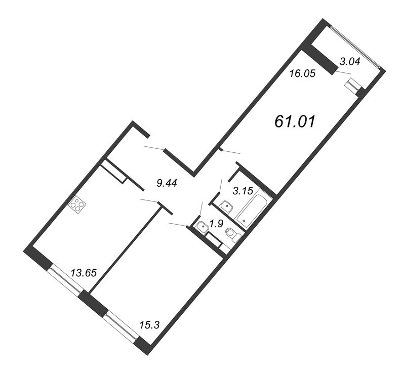 2-комнатная квартира, 61.01 м² - планировка, фото №1