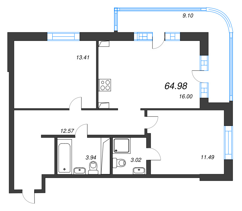 3-комнатная (Евро) квартира, 64.98 м² в ЖК "Энфилд" - планировка, фото №1