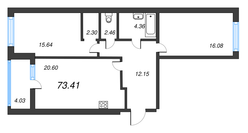 3-комнатная (Евро) квартира, 73.41 м² - планировка, фото №1