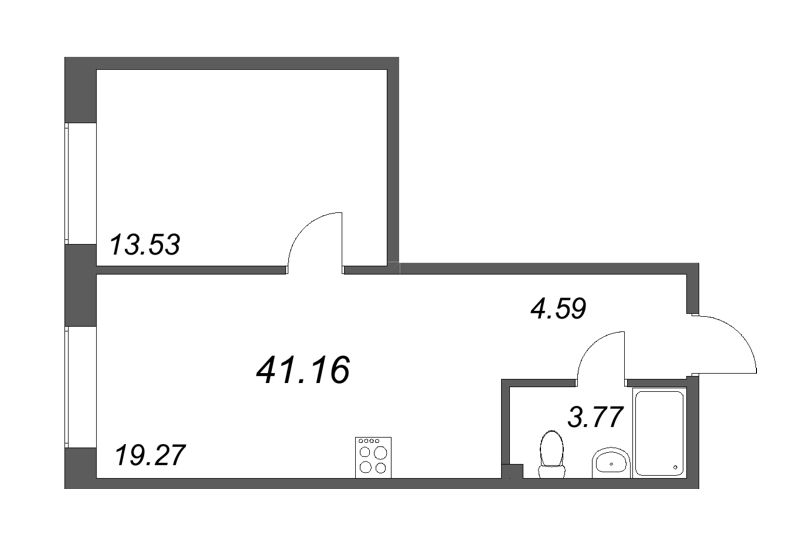 2-комнатная (Евро) квартира, 41.16 м² - планировка, фото №1