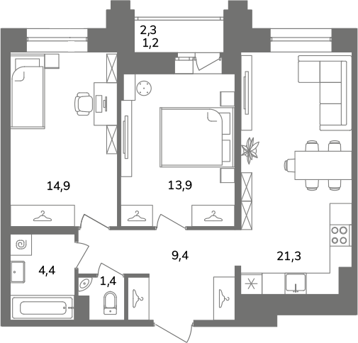3-комнатная (Евро) квартира, 66.5 м² в ЖК "Антверпен" - планировка, фото №1