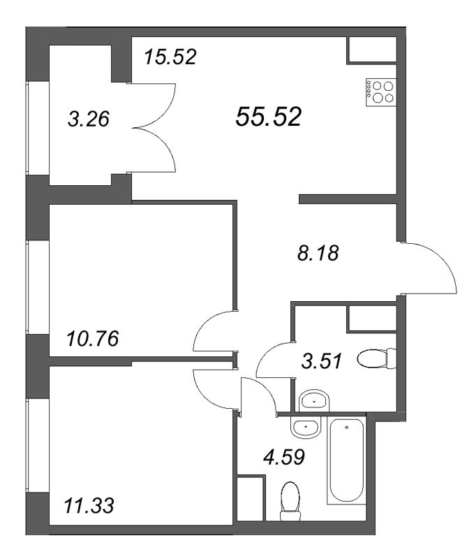 3-комнатная (Евро) квартира, 55.52 м² в ЖК "Речной квартал" - планировка, фото №1