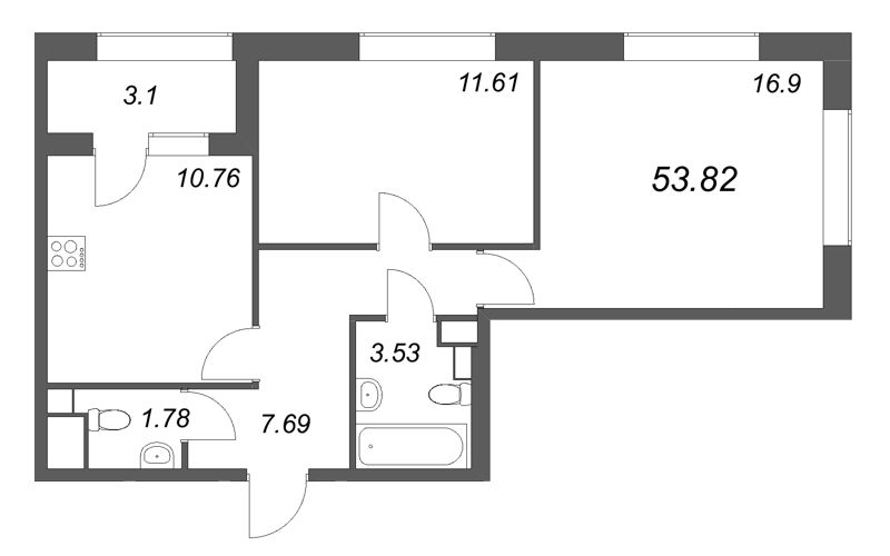 2-комнатная квартира, 53.82 м² в ЖК "Аурум" - планировка, фото №1