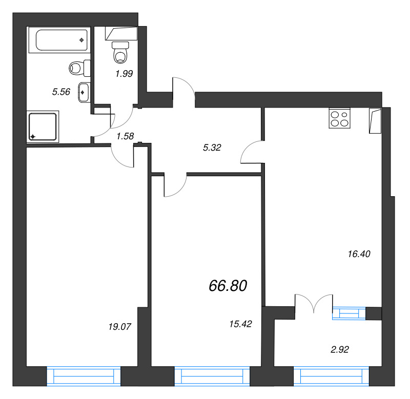 3-комнатная (Евро) квартира, 70.1 м² - планировка, фото №1