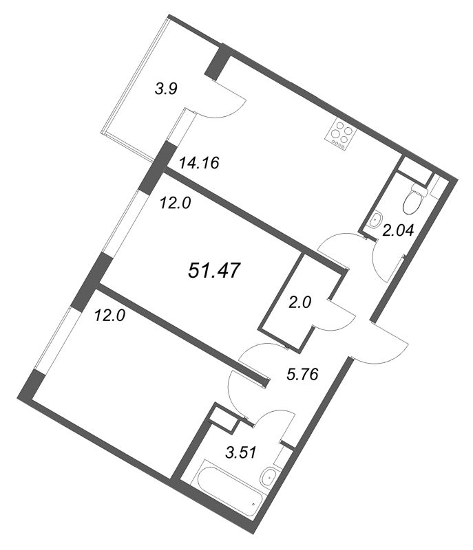 2-комнатная квартира, 51.47 м² - планировка, фото №1