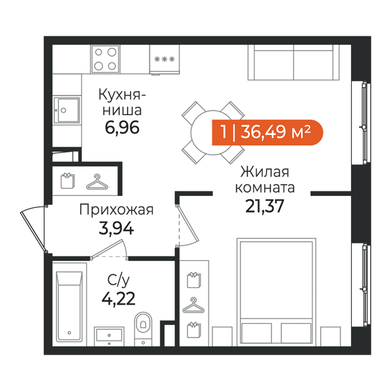 Квартира-студия, 36.49 м² в ЖК "Алгоритм Квинта" - планировка, фото №1