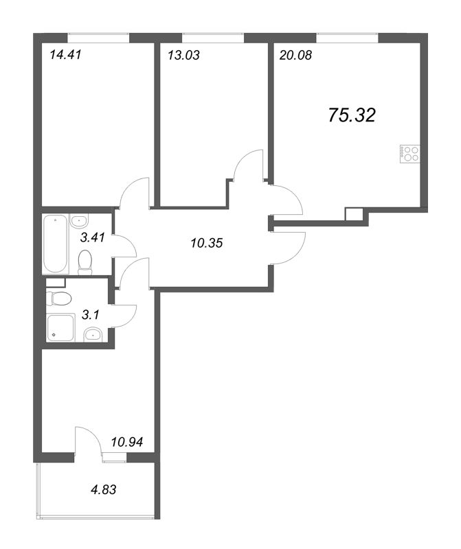 4-комнатная (Евро) квартира, 75.32 м² - планировка, фото №1
