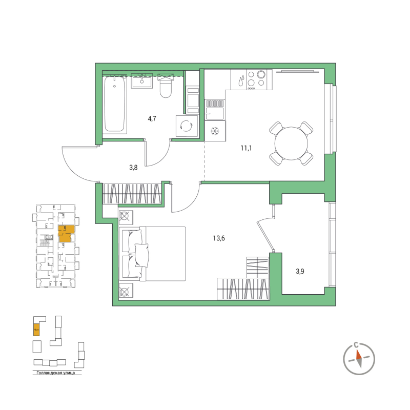 1-комнатная квартира, 35.2 м² в ЖК "Янила Форест" - планировка, фото №1
