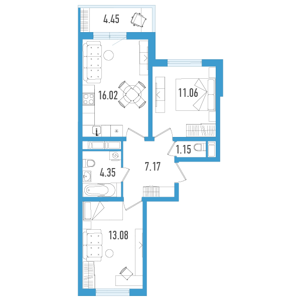 3-комнатная (Евро) квартира, 54.17 м² - планировка, фото №1