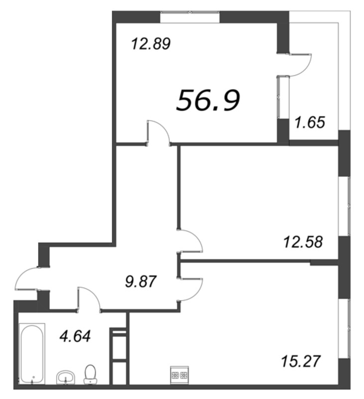 3-комнатная (Евро) квартира, 56.9 м² - планировка, фото №1