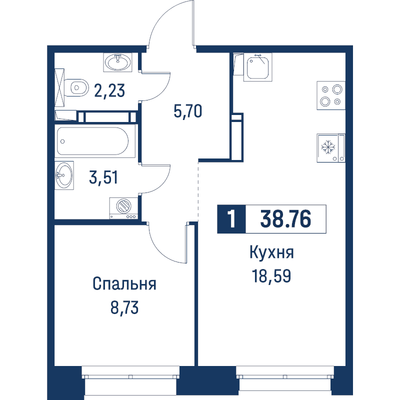 2-комнатная (Евро) квартира, 38.76 м² в ЖК "Символист" - планировка, фото №1