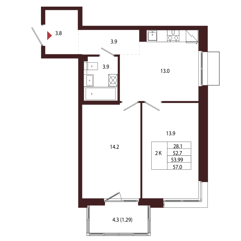 2-комнатная квартира, 53.99 м² - планировка, фото №1