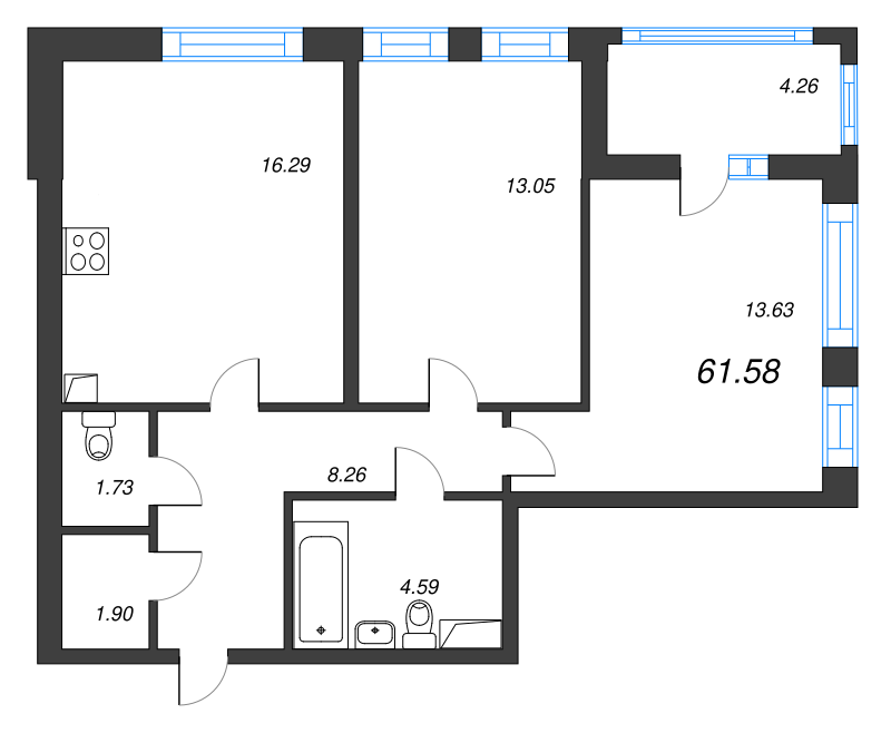 3-комнатная (Евро) квартира, 61.58 м² - планировка, фото №1