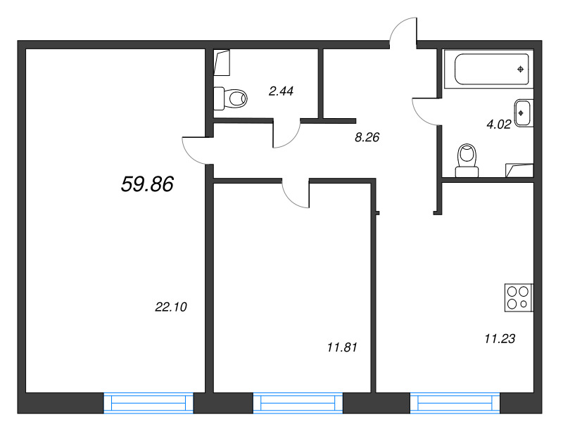 2-комнатная квартира, 59.86 м² в ЖК "Арт Парк" - планировка, фото №1
