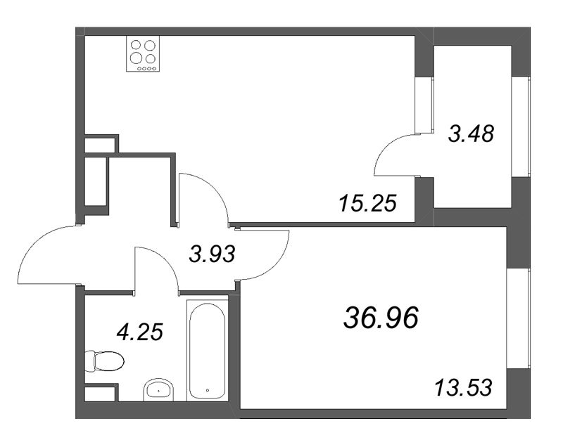 2-комнатная (Евро) квартира, 36.96 м² в ЖК "Дубровский" - планировка, фото №1