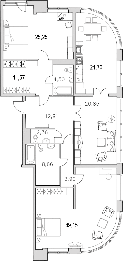 3-комнатная квартира, 150.2 м² - планировка, фото №1