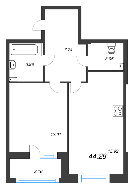 2-комнатная (Евро) квартира, 44.28 м² в ЖК "Аквилон Leaves" - планировка, фото №1