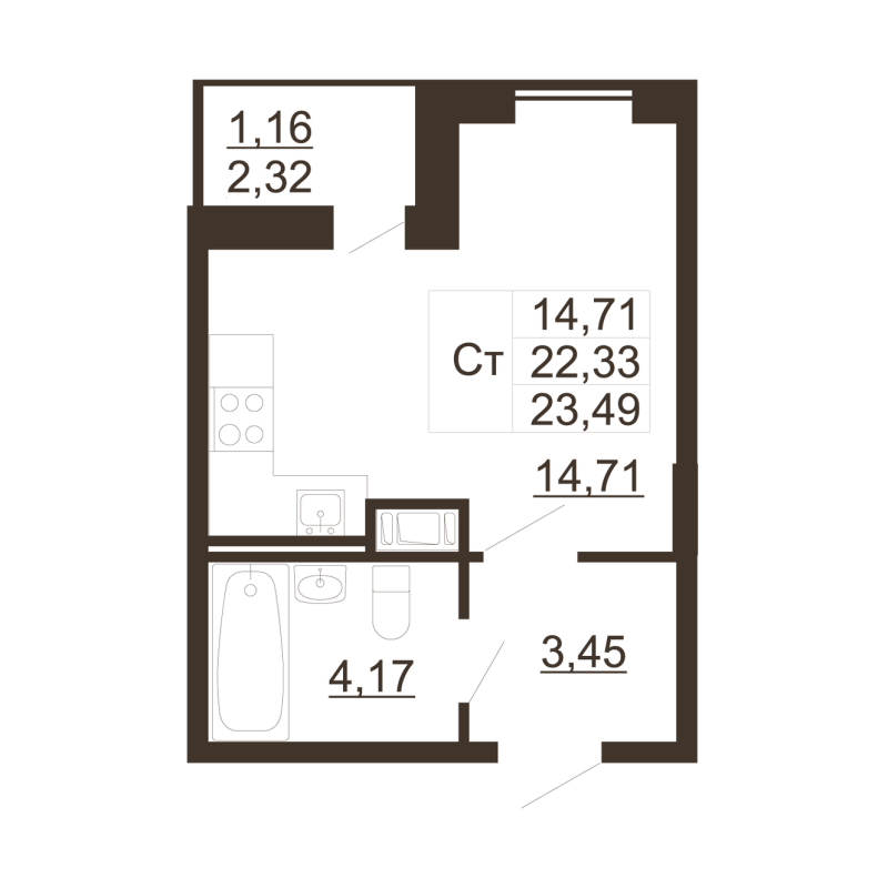 Квартира-студия, 23.49 м² в ЖК "Рубеж" - планировка, фото №1