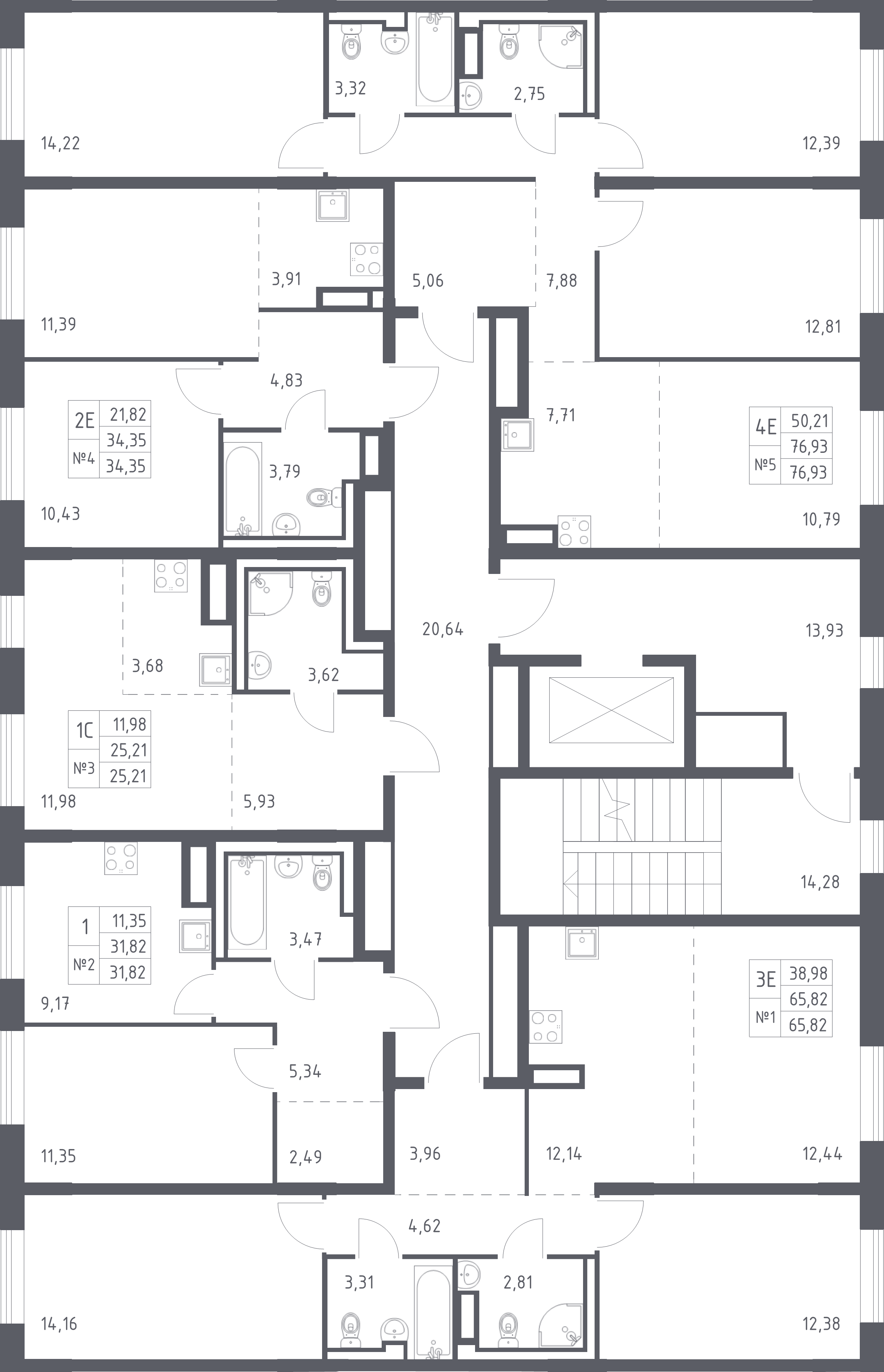 3-комнатная (Евро) квартира, 65.82 м² - планировка этажа