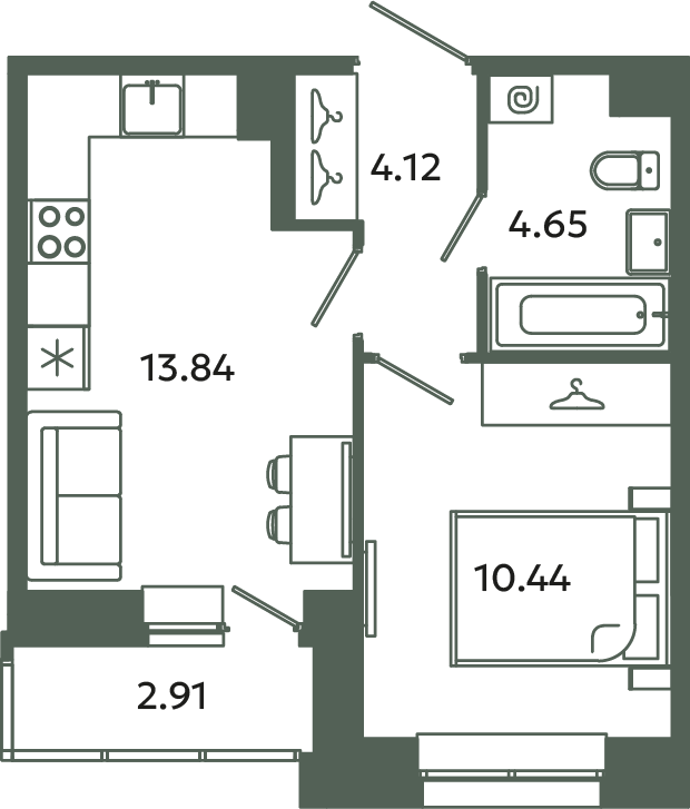 1-комнатная квартира, 34.51 м² в ЖК "Загляденье" - планировка, фото №1