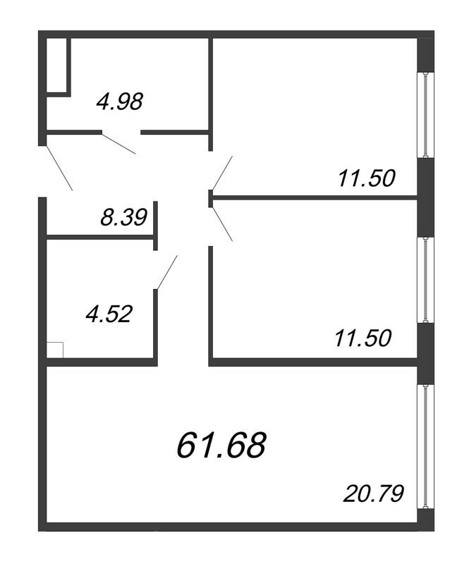 3-комнатная (Евро) квартира, 61.68 м² в ЖК "ПРО'МОЛОDОСТЬ" - планировка, фото №1
