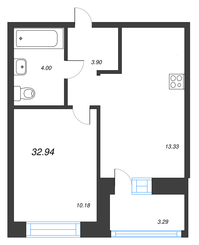 1-комнатная квартира, 32.94 м² в ЖК "Уютный" - планировка, фото №1