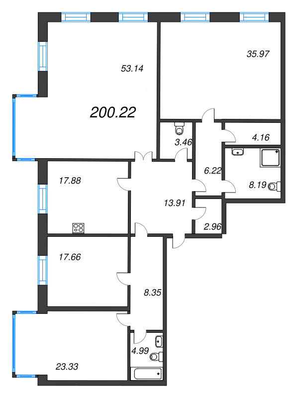 5-комнатная (Евро) квартира, 201.4 м² - планировка, фото №1