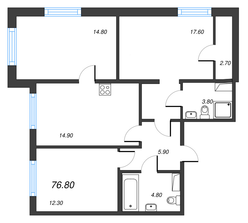 3-комнатная квартира, 76.8 м² - планировка, фото №1