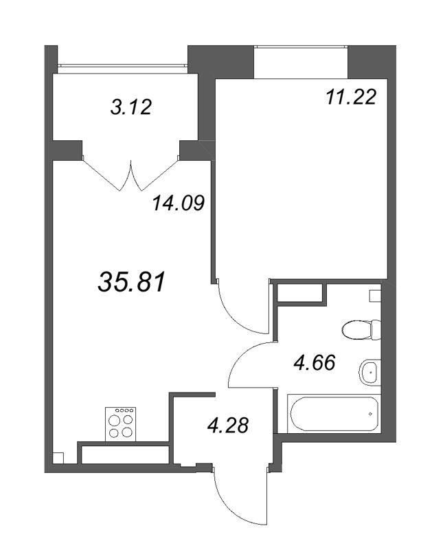 1-комнатная квартира, 35.81 м² - планировка, фото №1