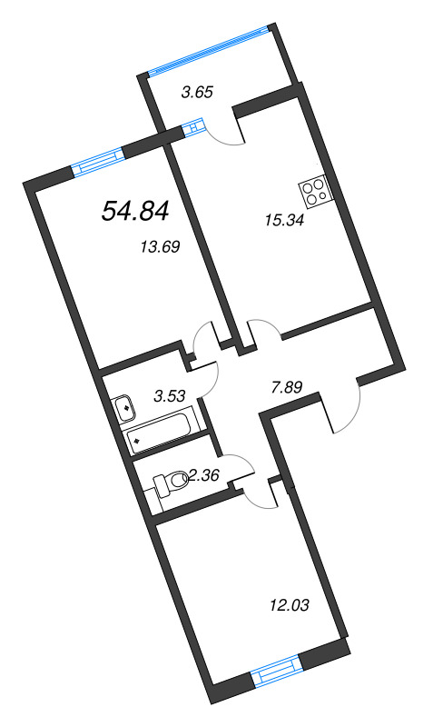 3-комнатная (Евро) квартира, 54.84 м² в ЖК "ПАТИО. Уютный квартал" - планировка, фото №1