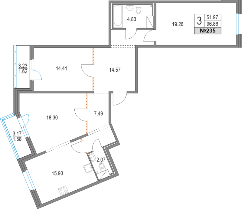 3-комнатная квартира, 96.8 м² в ЖК "Приморский квартал" - планировка, фото №1