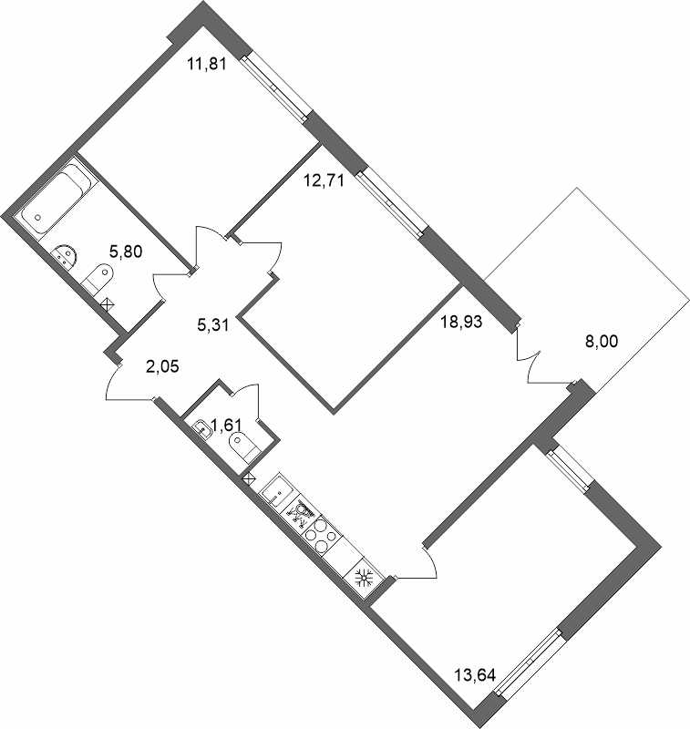 4-комнатная (Евро) квартира, 74.26 м² в ЖК "Счастье 2.0" - планировка, фото №1