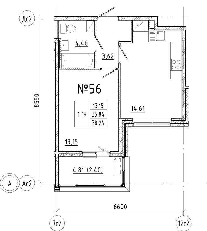 1-комнатная квартира, 38.24 м² в ЖК "N8" - планировка, фото №1