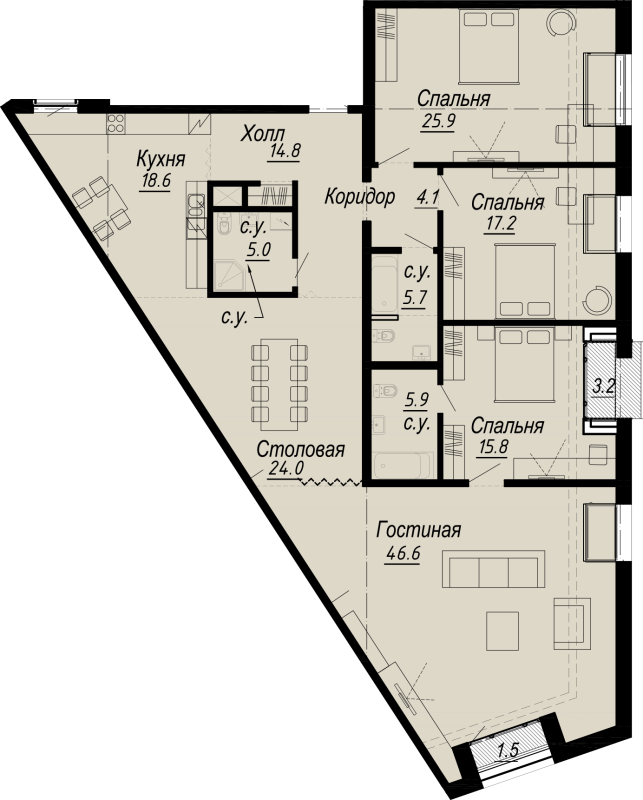 5-комнатная (Евро) квартира, 188.38 м² - планировка, фото №1