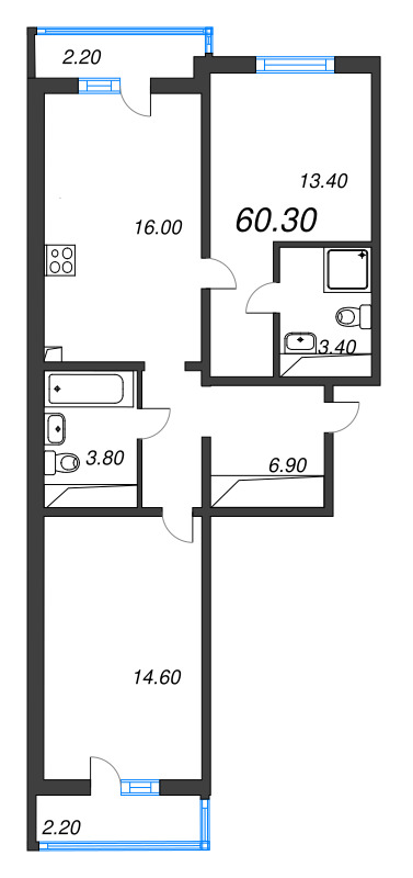 3-комнатная (Евро) квартира, 60.3 м² в ЖК "Дыбенко Парк" - планировка, фото №2