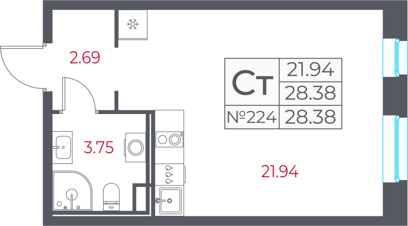 Квартира-студия, 28.38 м² в ЖК "Город-спутник Южный" - планировка, фото №1