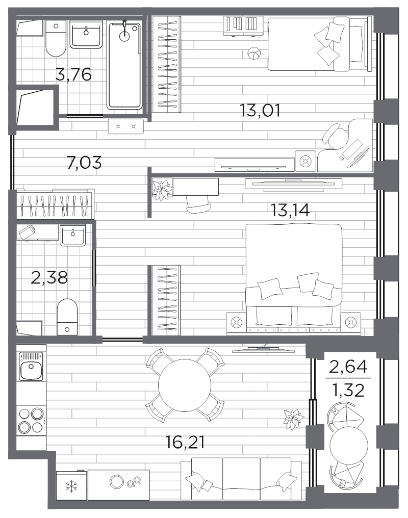 3-комнатная (Евро) квартира, 57.45 м² в ЖК "Respect" - планировка, фото №1