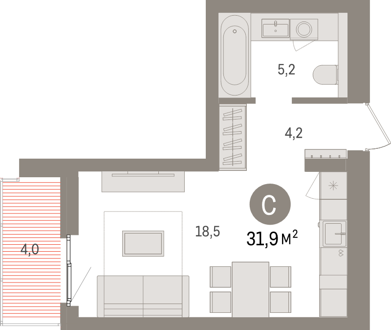 Квартира-студия, 31.9 м² в ЖК "Брусника в Новоселье" - планировка, фото №1