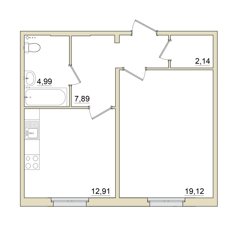 1-комнатная квартира, 46.9 м² - планировка, фото №1