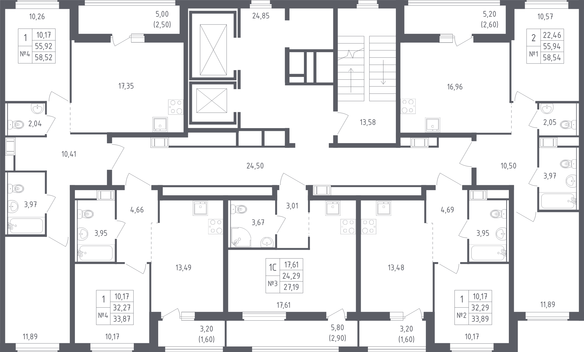 3-комнатная (Евро) квартира, 58.54 м² - планировка этажа