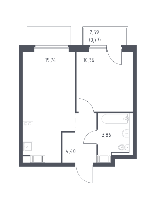 2-комнатная (Евро) квартира, 35.13 м² - планировка, фото №1