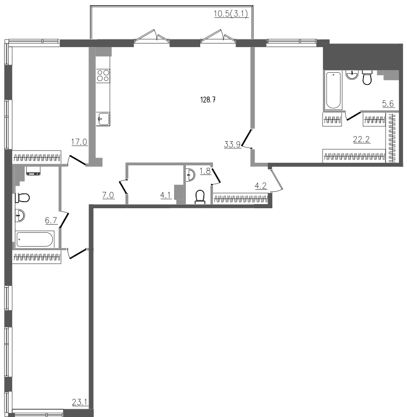 4-комнатная (Евро) квартира, 128.7 м² в ЖК "Upoint" - планировка, фото №1