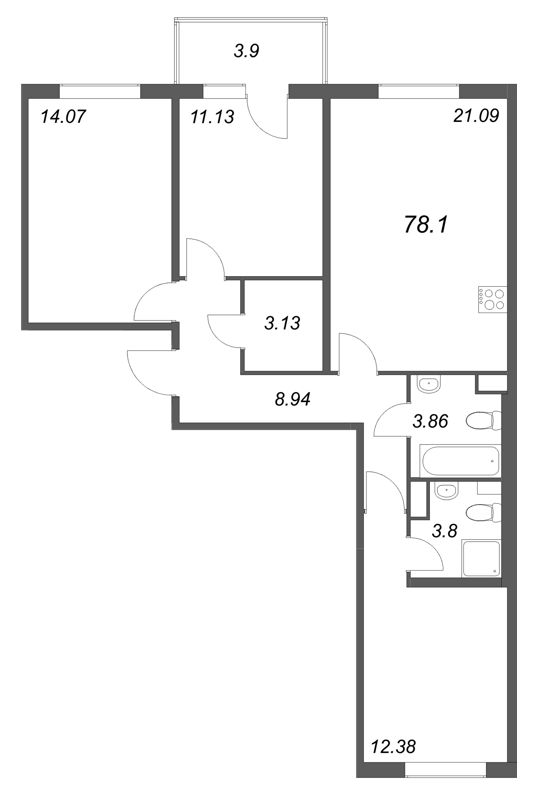 4-комнатная (Евро) квартира, 78.1 м² в ЖК "Любоград" - планировка, фото №1