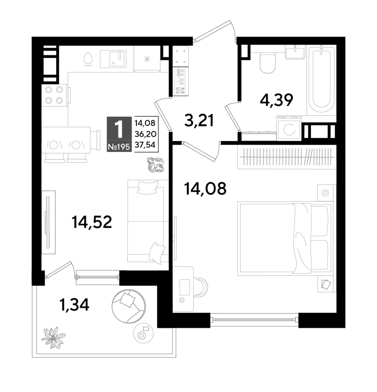 1-комнатная квартира, 36.77 м² в ЖК "Догма Юкки" - планировка, фото №1