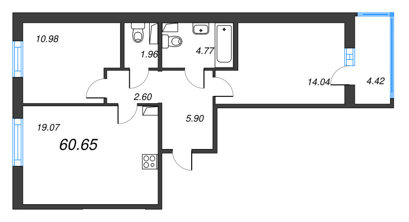 3-комнатная (Евро) квартира, 60.65 м² в ЖК "Ю Гатчина" - планировка, фото №1