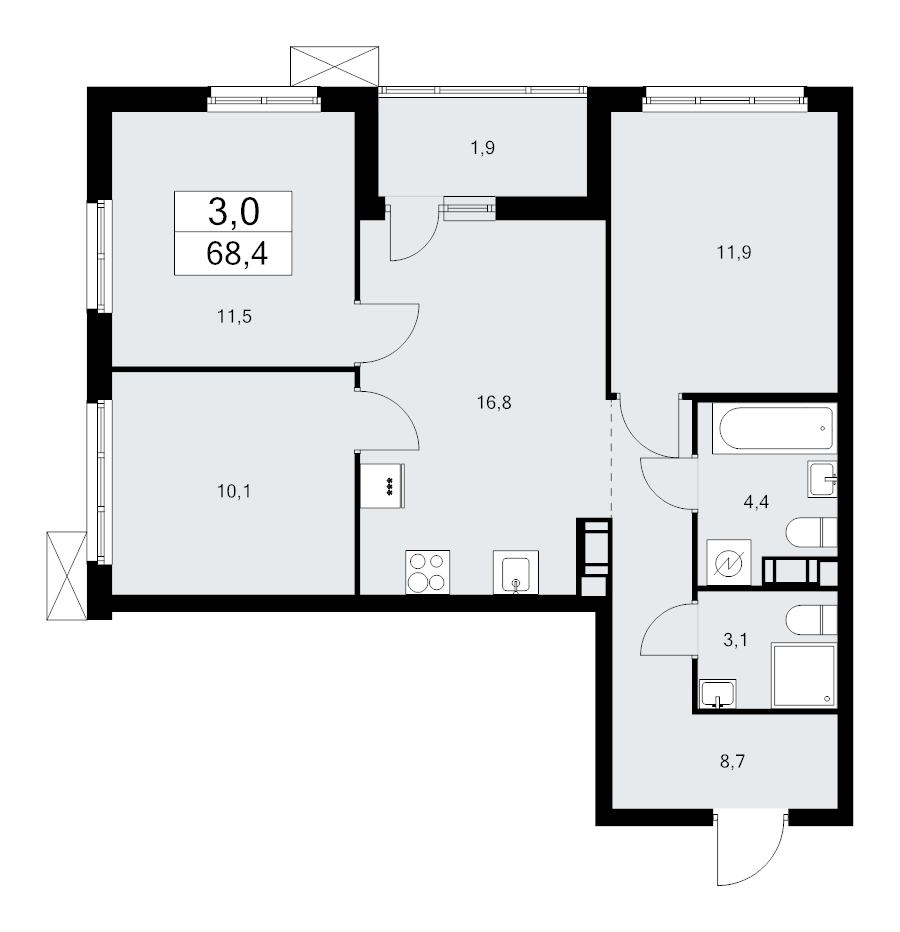 4-комнатная (Евро) квартира, 68.4 м² в ЖК "А101 Лаголово" - планировка, фото №1