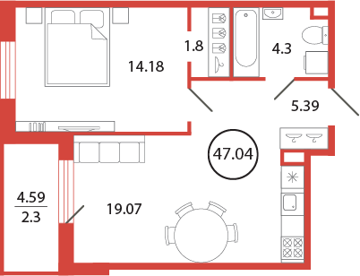 2-комнатная (Евро) квартира, 47.04 м² в ЖК "Энфилд" - планировка, фото №1